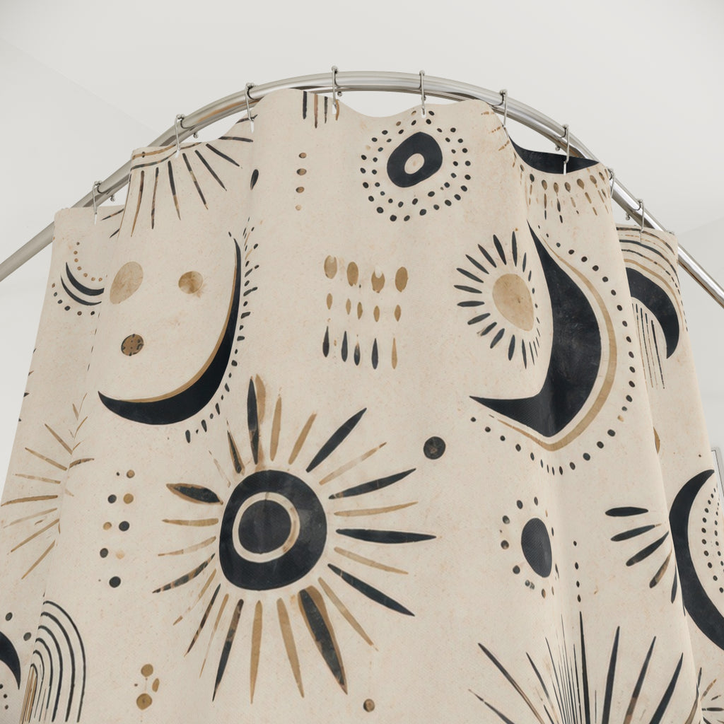 Black White Boho Celestial Moon Tile Line Shower Curtain