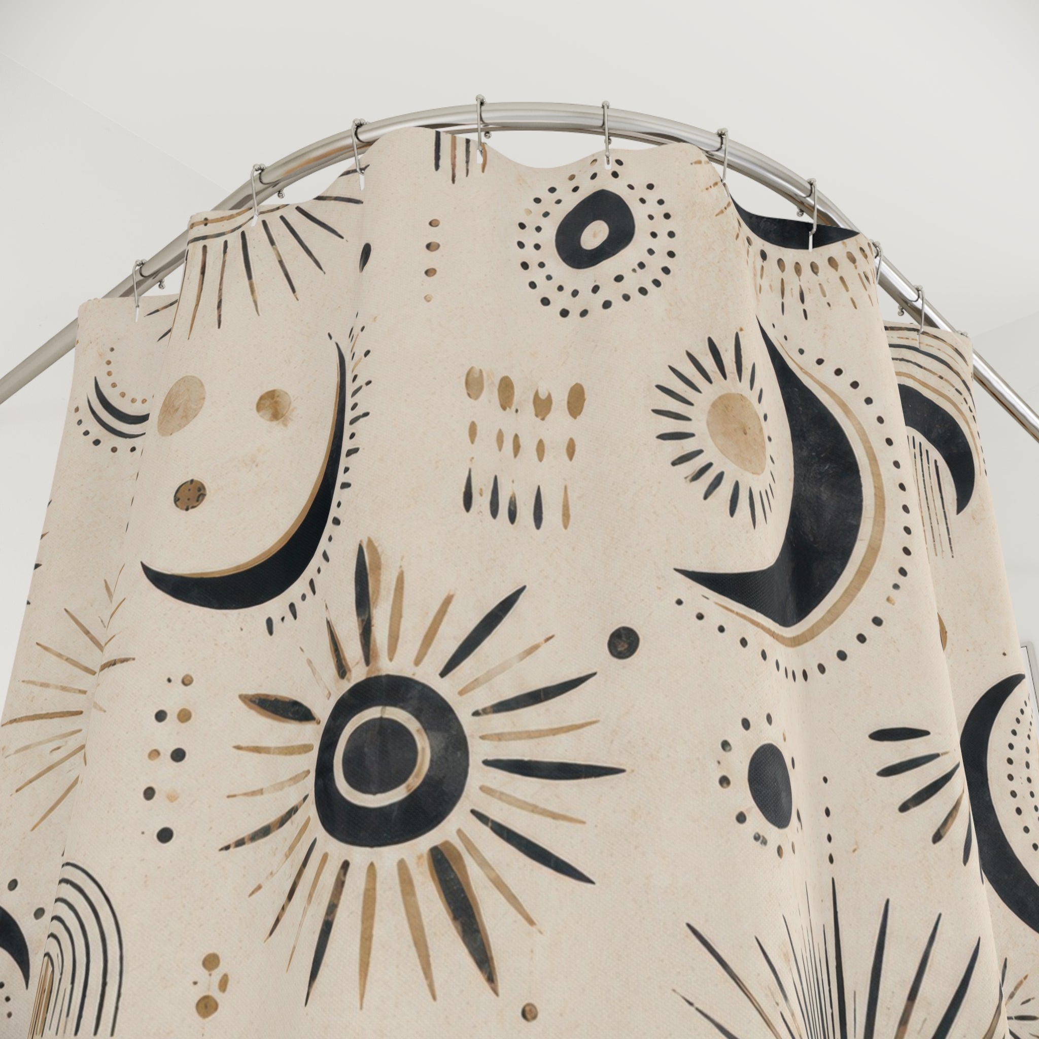 Black White Boho Celestial Moon Tile Line Shower Curtain