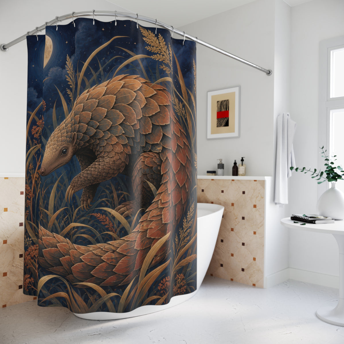 Pangolin animal curled among indigo moonlit grasses shower curtain beside a freestanding tub