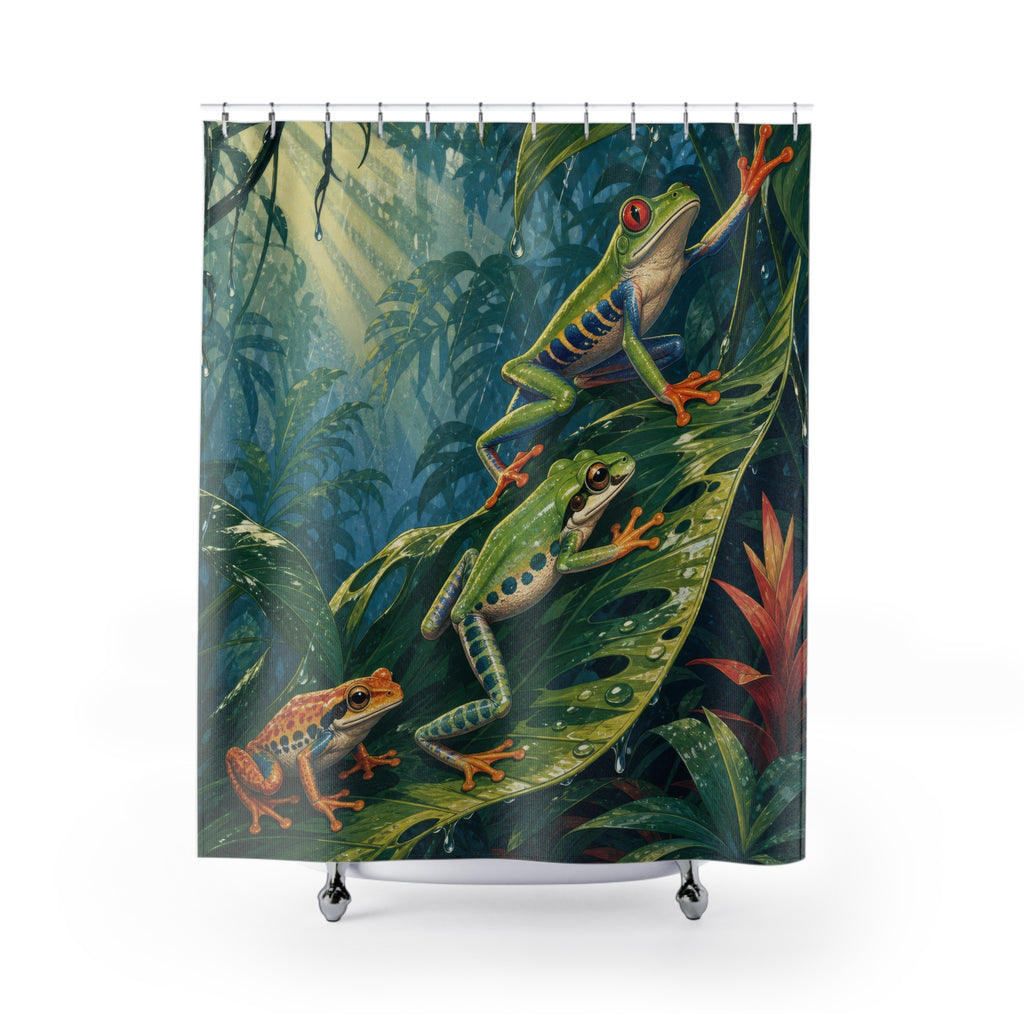 Colorful tree frogs climbing tropical leaves shower curtain with full front view