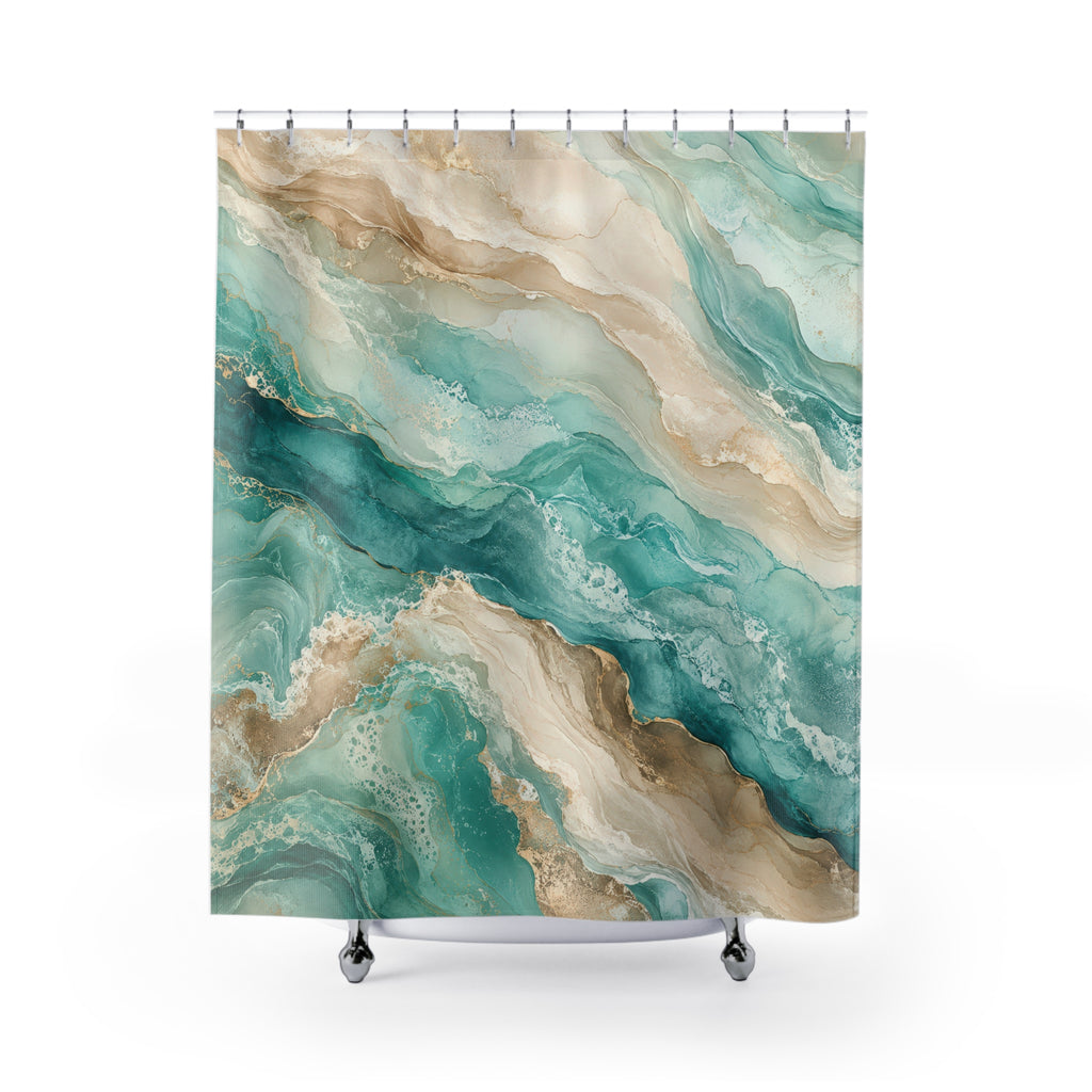Aqua Beige Abstract Marble Shower Curtain