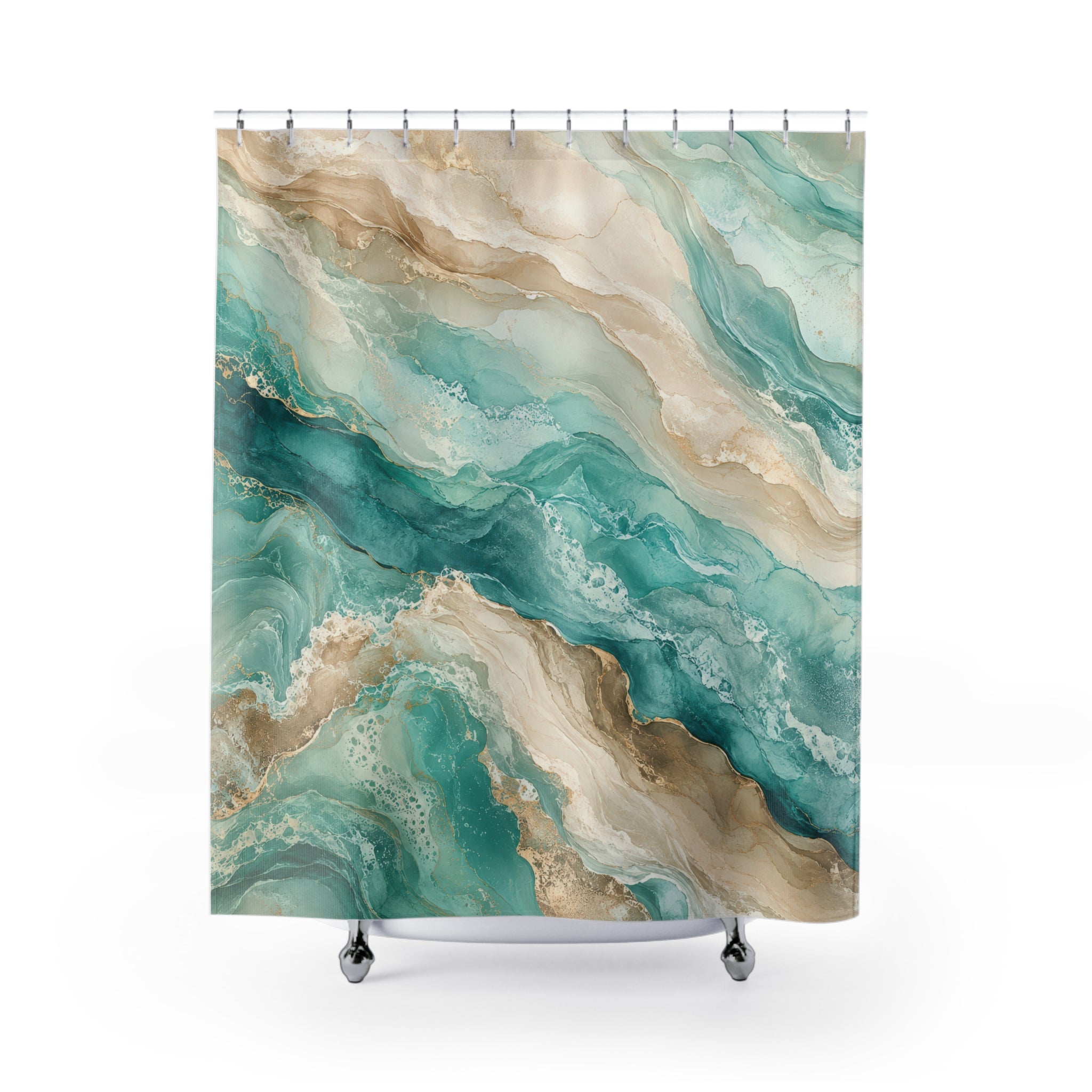 Aqua Beige Abstract Marble Shower Curtain