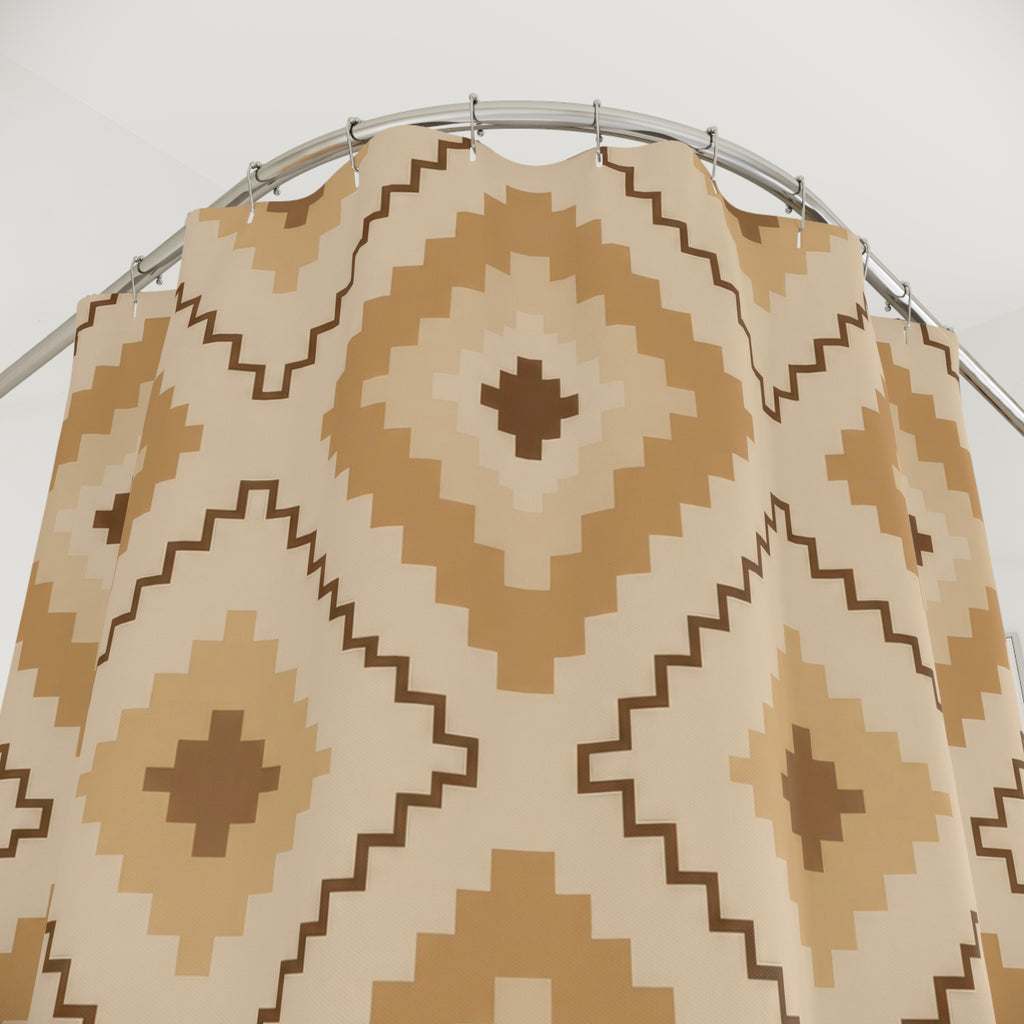 Nested tan and camel stepped diamond geometric pattern shower curtain with close-up print, hooks, and folds