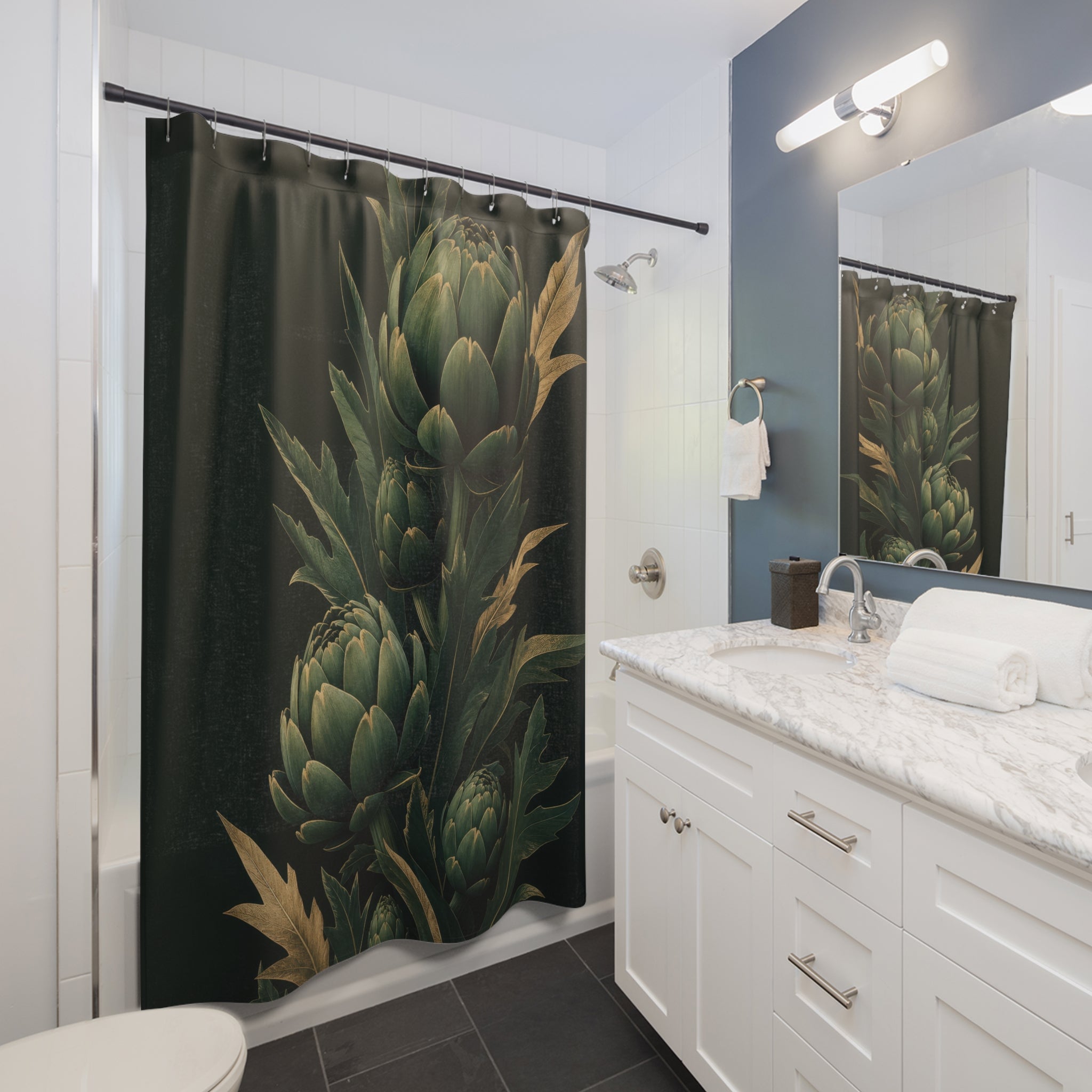 Dark Green Artichoke Botanical Shower Curtain