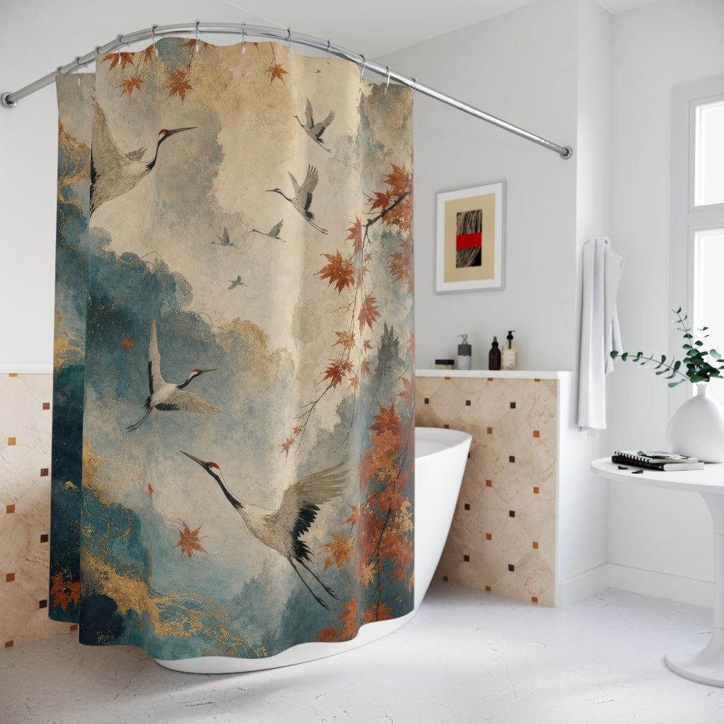 Cranes and Autumn Maple Shower Curtain