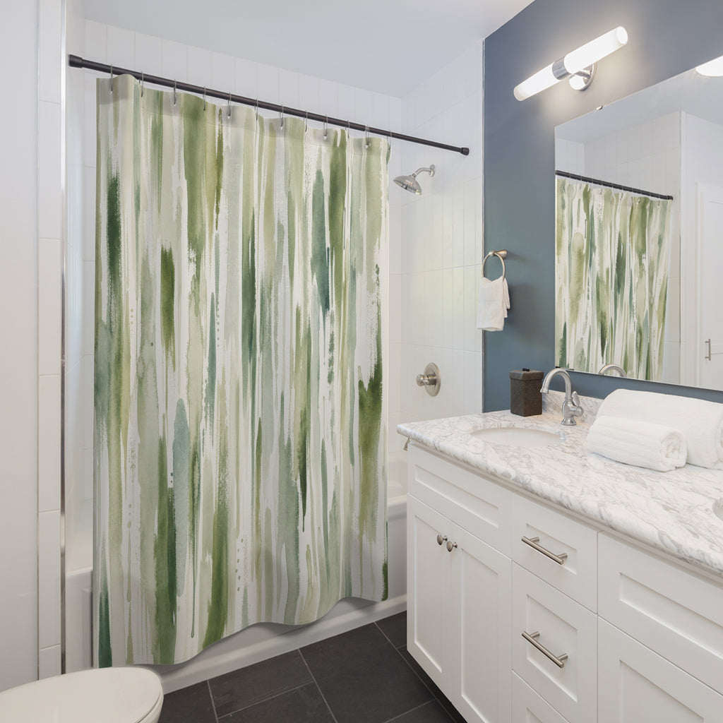White Watercolor Green Stripe Modern Beige Black Cream Shower Curtain