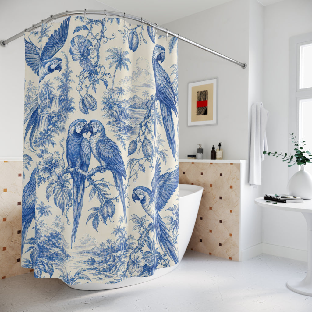 Cobalt Macaw Tropical Toile Shower Curtain