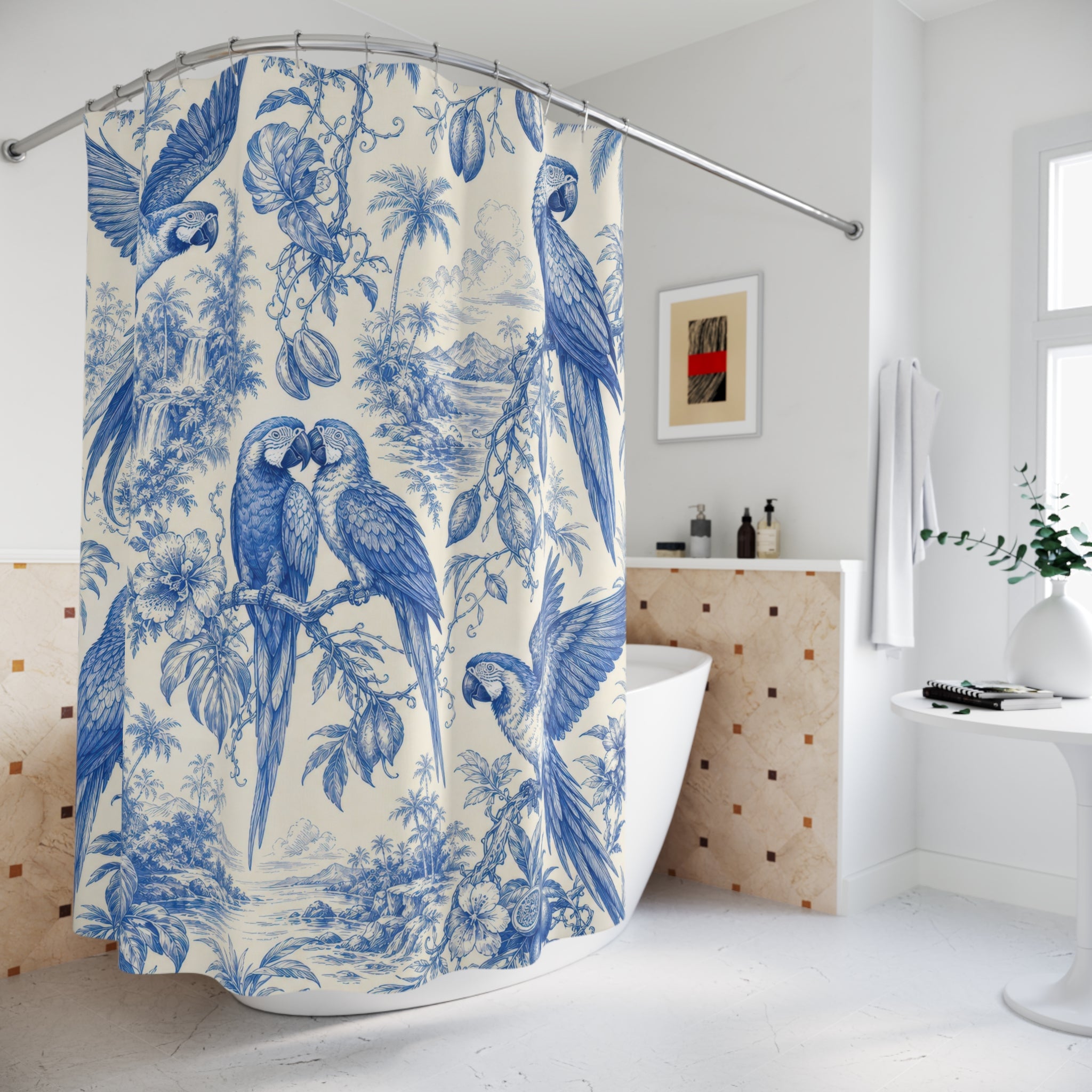 Cobalt Macaw Tropical Toile Shower Curtain