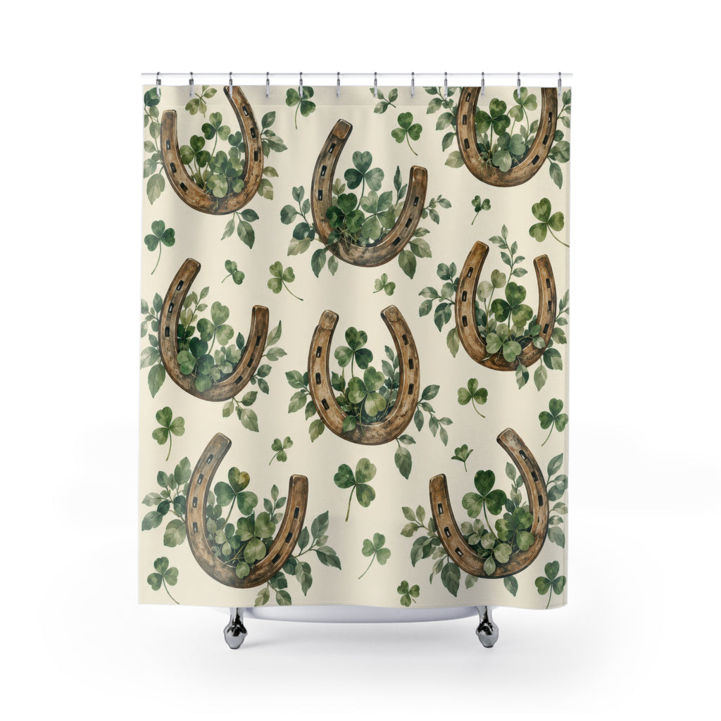 Brown horseshoes with sage clovers on cream shower curtain with full front view