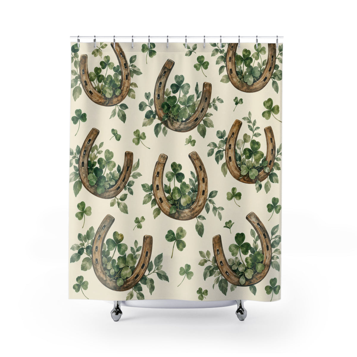 Brown horseshoes with sage clovers on cream shower curtain with full front view