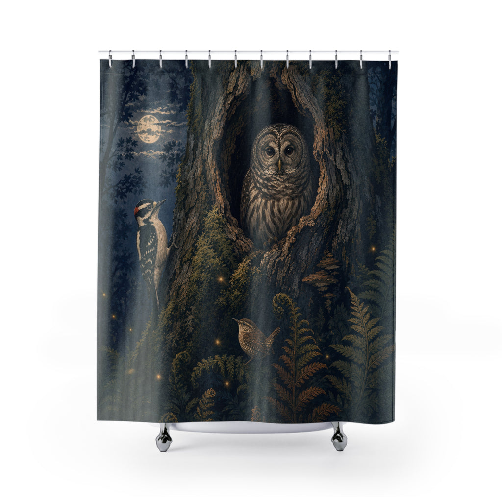Barred owl woodpecker and wren at an oak hollow shower curtain with full front view