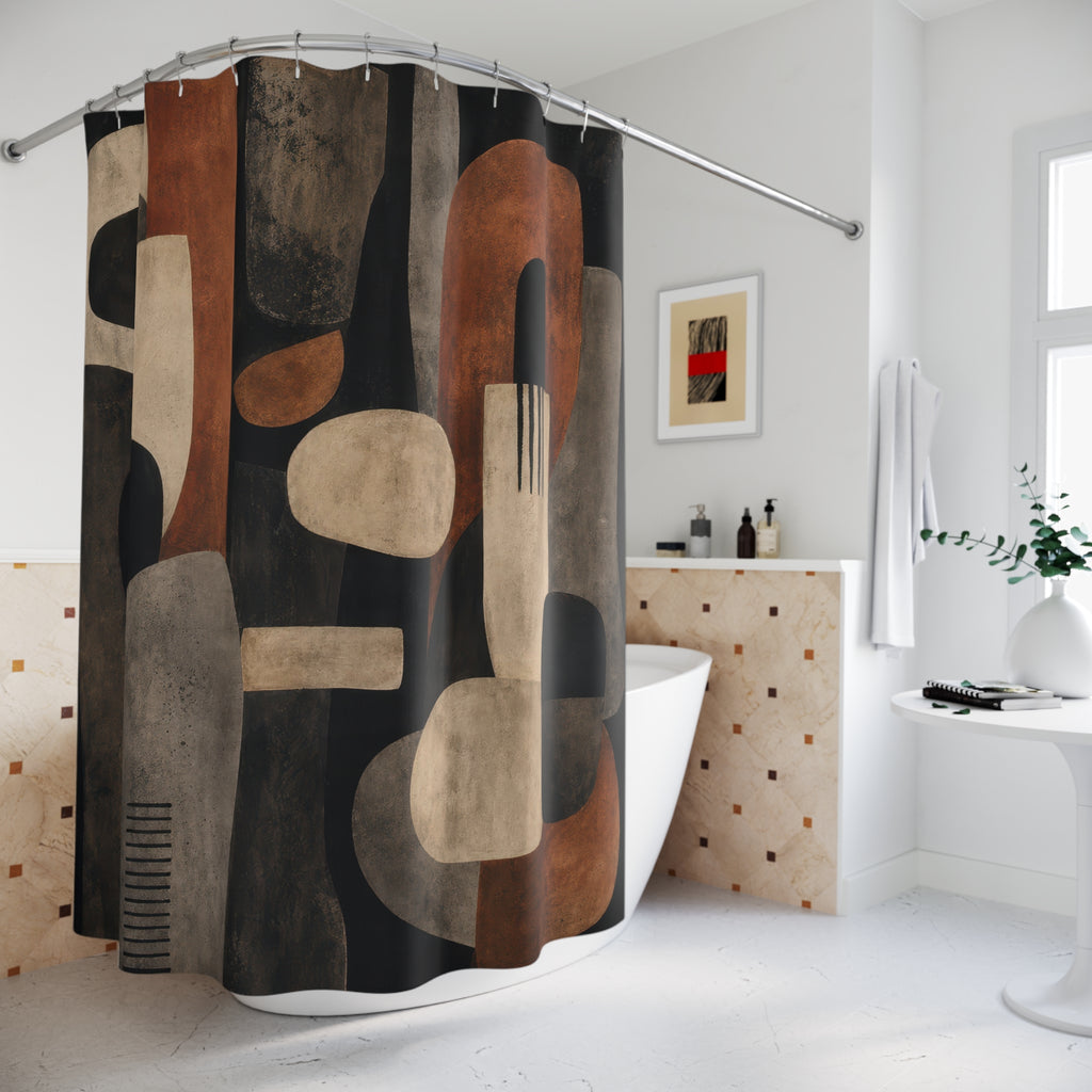 Black Brown Shower Curtain, Mid Century Modern Bath Decor, Rust Cream Geometric Block Pattern, Retro Warm Guest Bathroom Decor Style