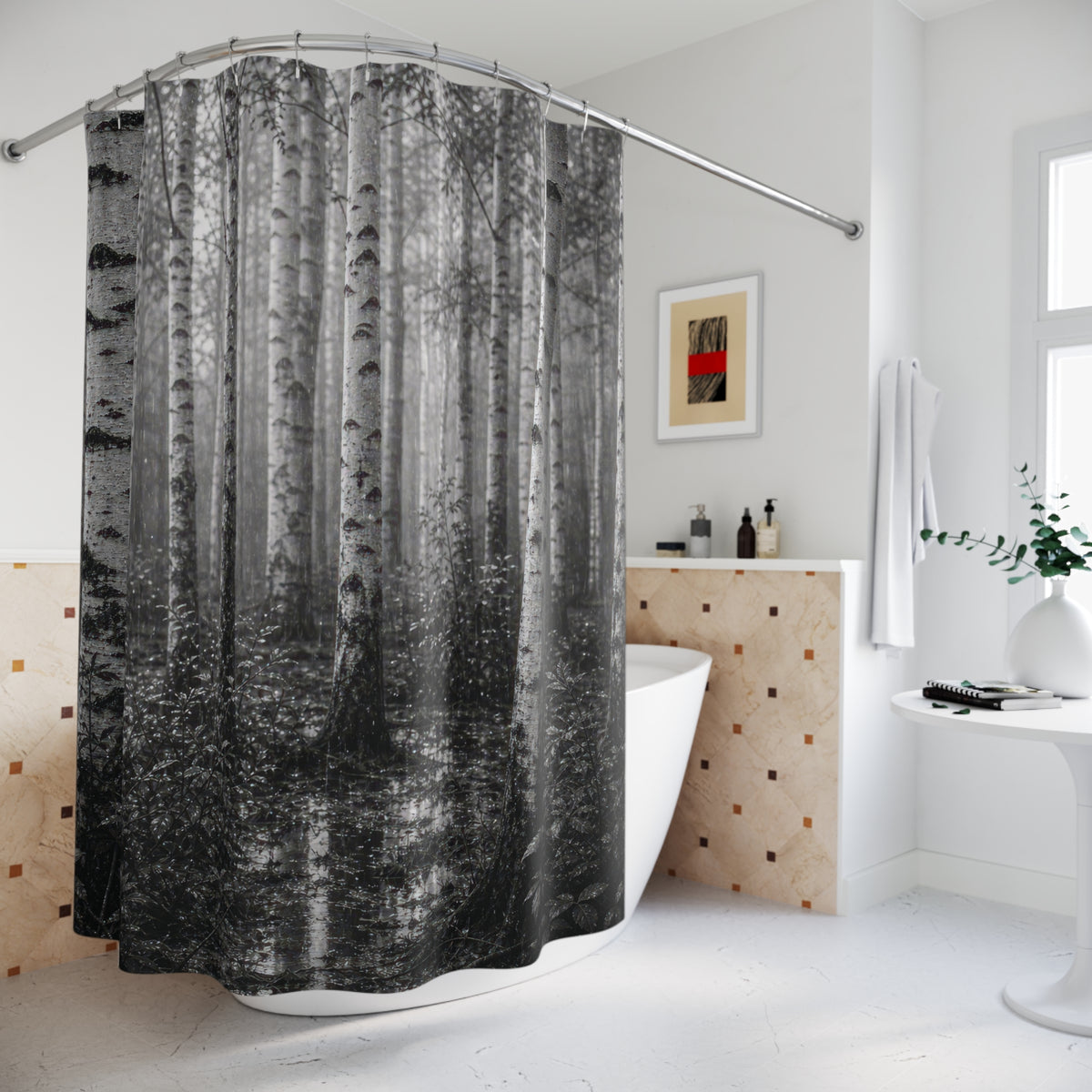 Black White Birch Rain Photo Shower Curtain
