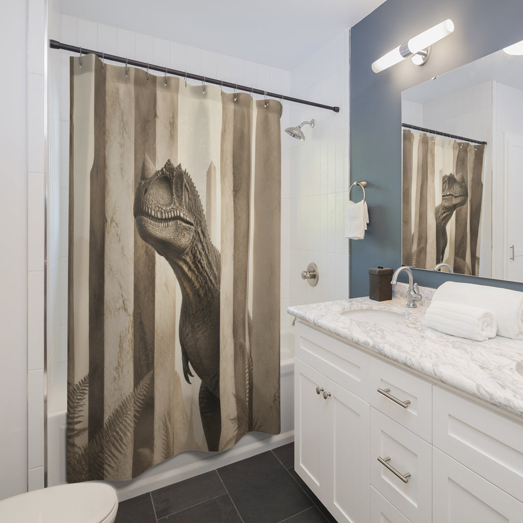Sepia Optical Illusion T Rex shower curtain beside a white vanity