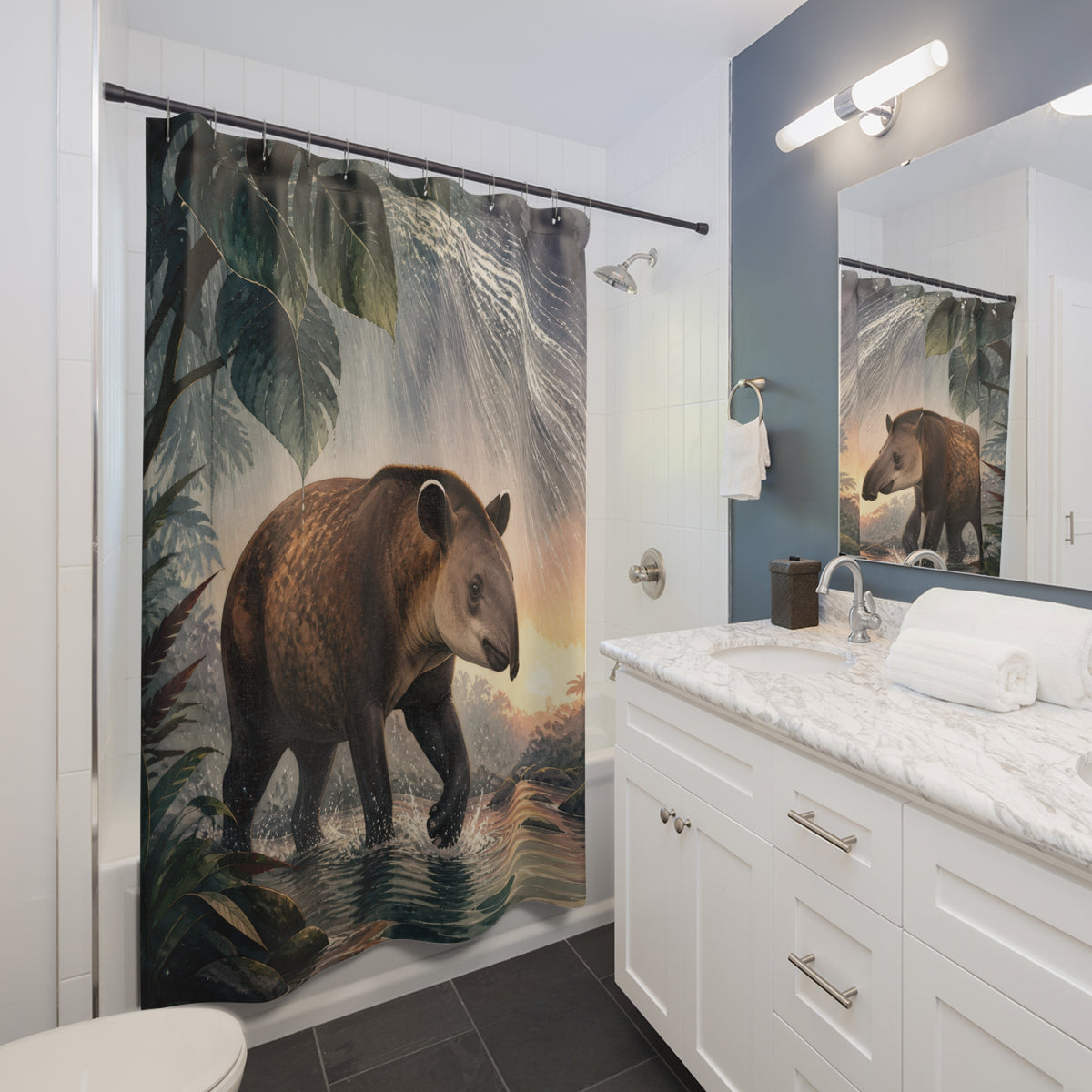 Tapir animal crossing jade rainforest water in silver rain shower curtain beside a white vanity