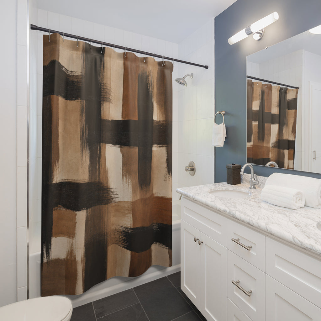 Black Brown Shower Curtain, Painterly Abstract Bath Decor, Cream Tan Brush Plaid Pattern, Modern Warm Neutral Guest Bathroom Decor Style