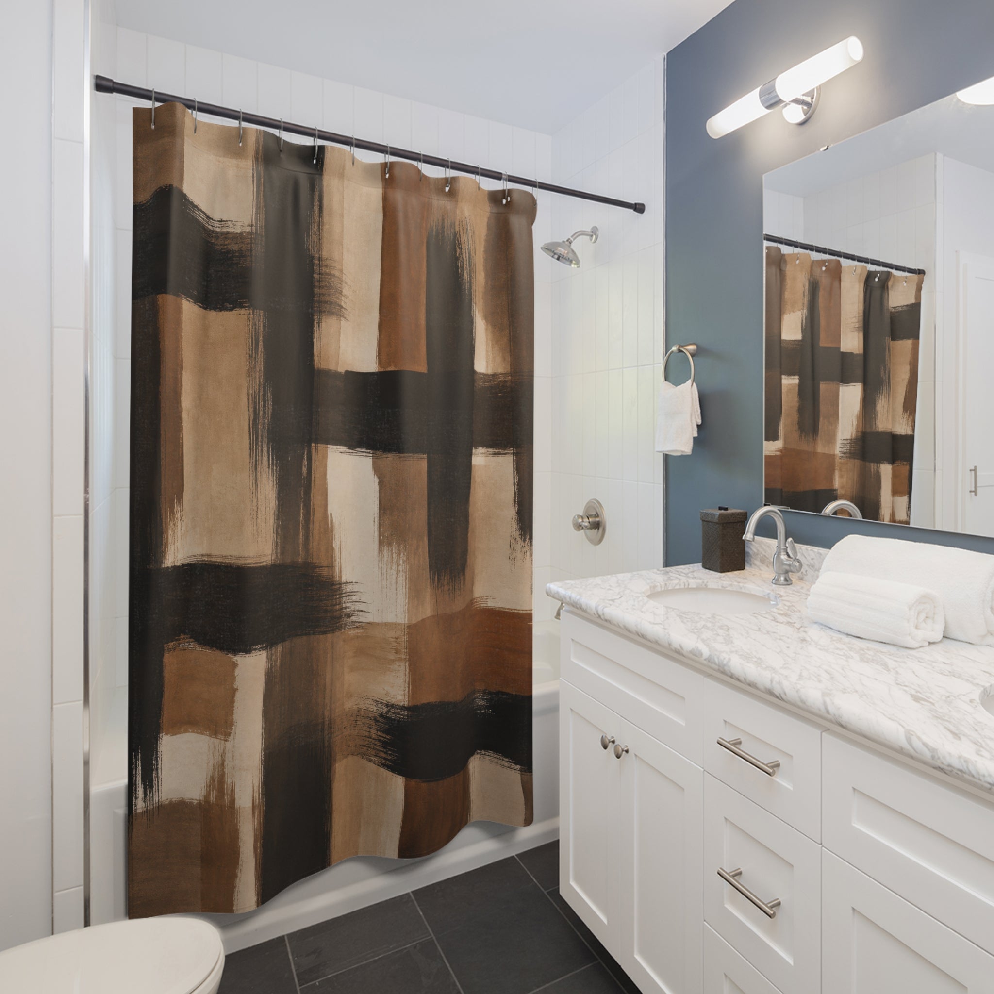 Black Brown Shower Curtain, Painterly Abstract Bath Decor, Cream Tan Brush Plaid Pattern, Modern Warm Neutral Guest Bathroom Decor Style