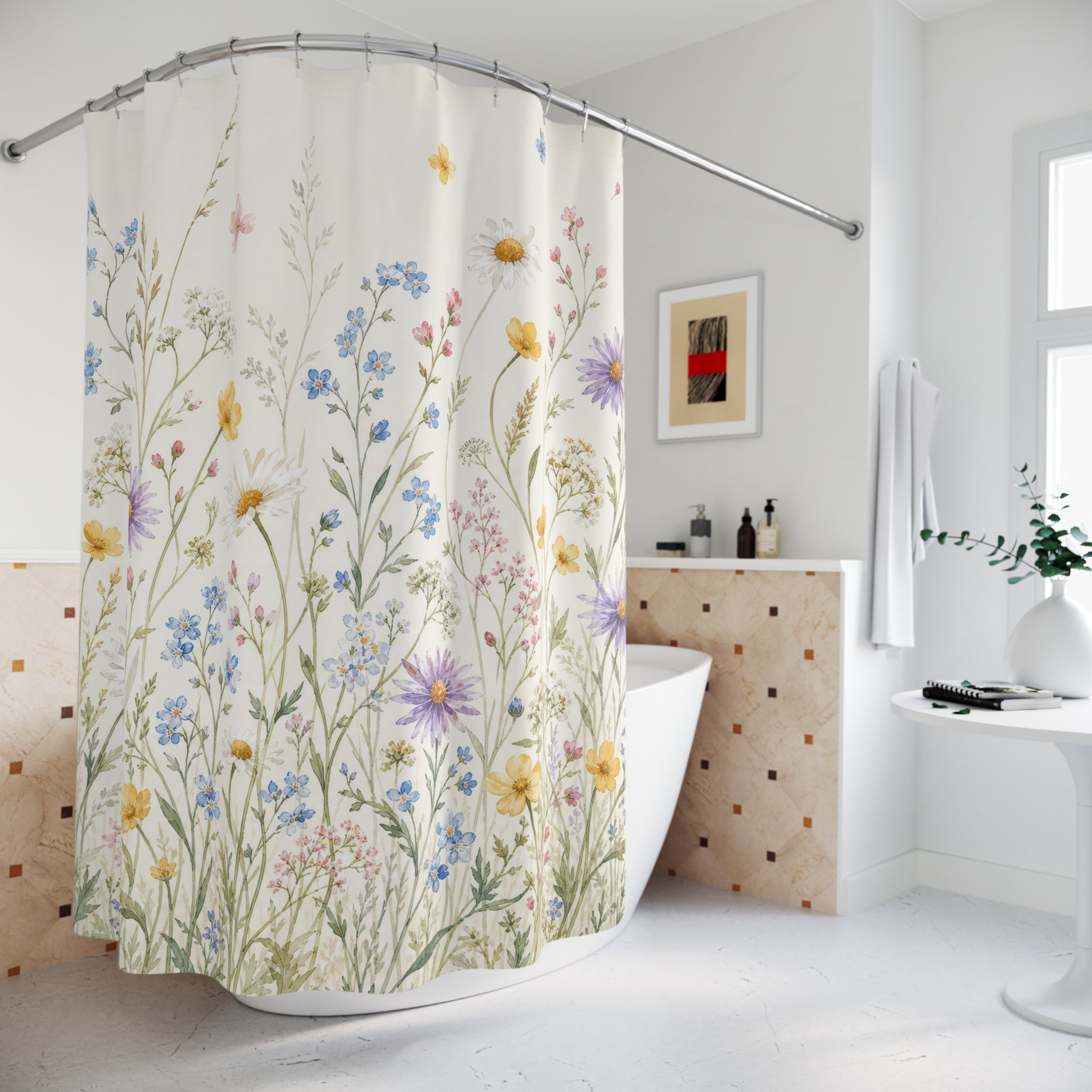 Yellow Purple Daisy Watercolor Shower Curtain