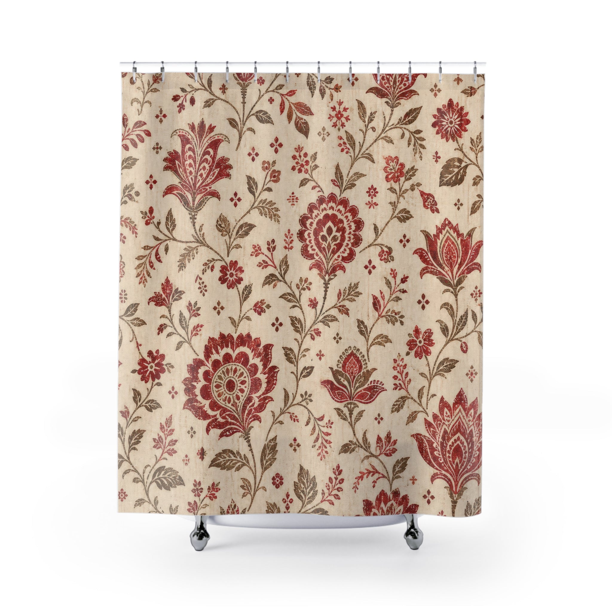 Beige Red Vintage Flower Floral Shower Curtain