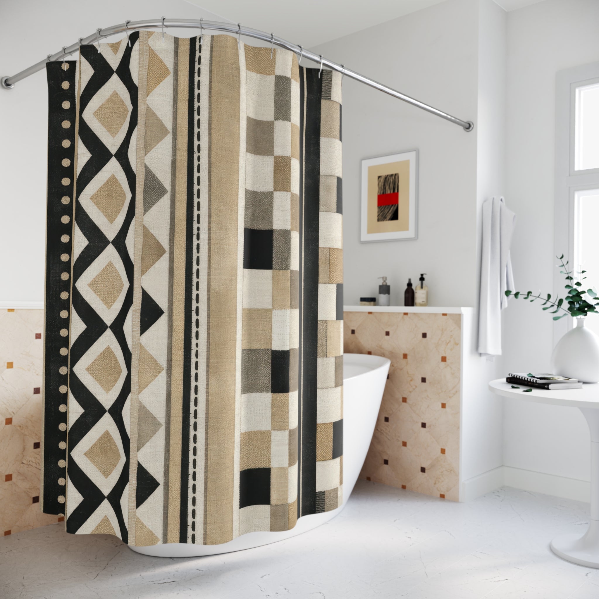 Black White and Beige Geometric Shower Curtain