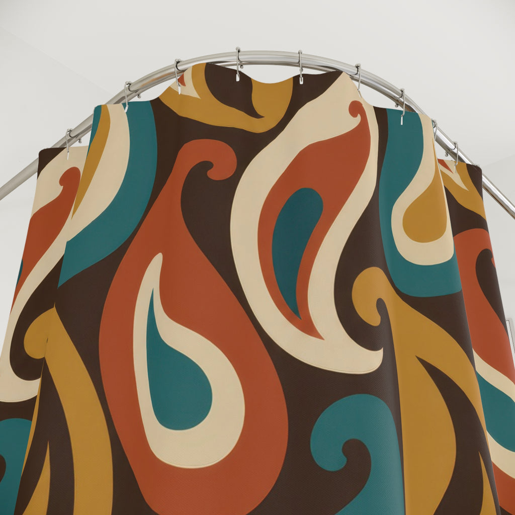 Teal, mustard, rust and cream paisleys on brown shower curtain with close-up print, hooks, and folds