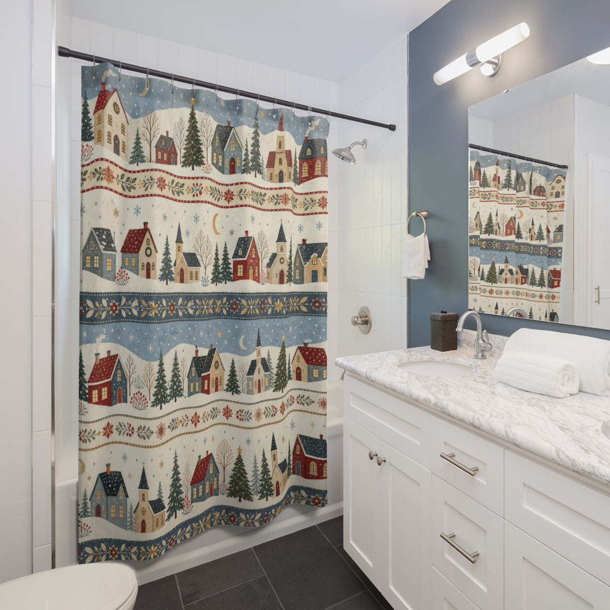 Winter Village Cottage Stripe christmas shower curtain beside a white vanity