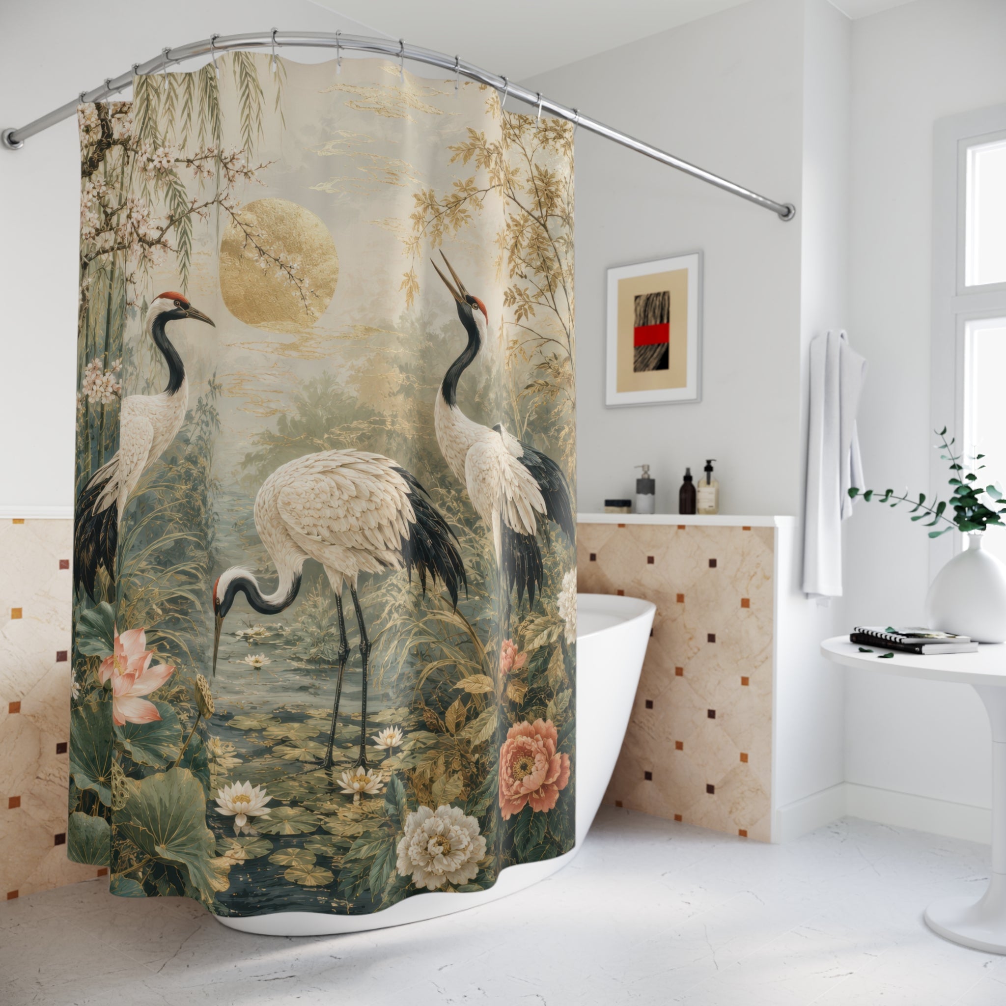 Crane Shower Curtain: Asian Garden