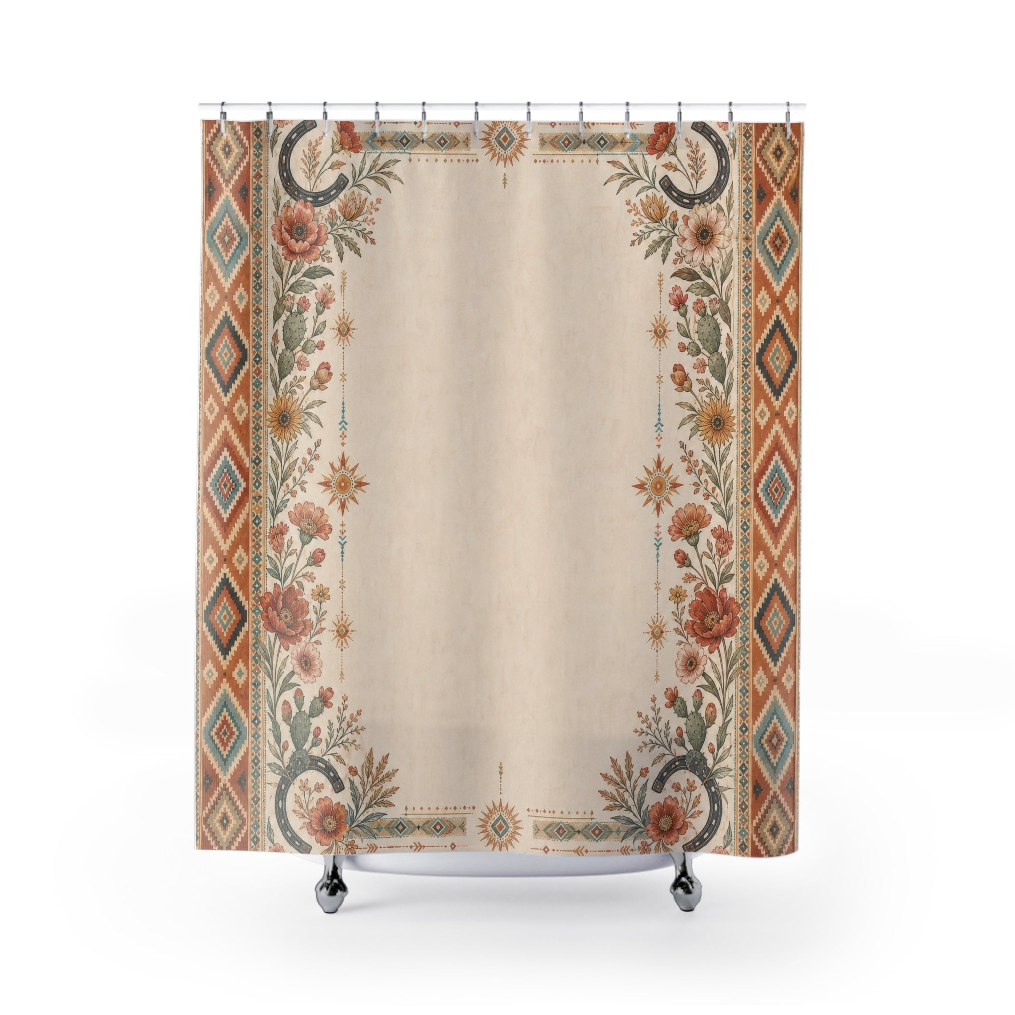 Western Boho Border Shower Curtain, Desert Floral Bath Decor, Terracotta Turquoise Diamond Frame, Rustic Guest Bathroom Style Decor