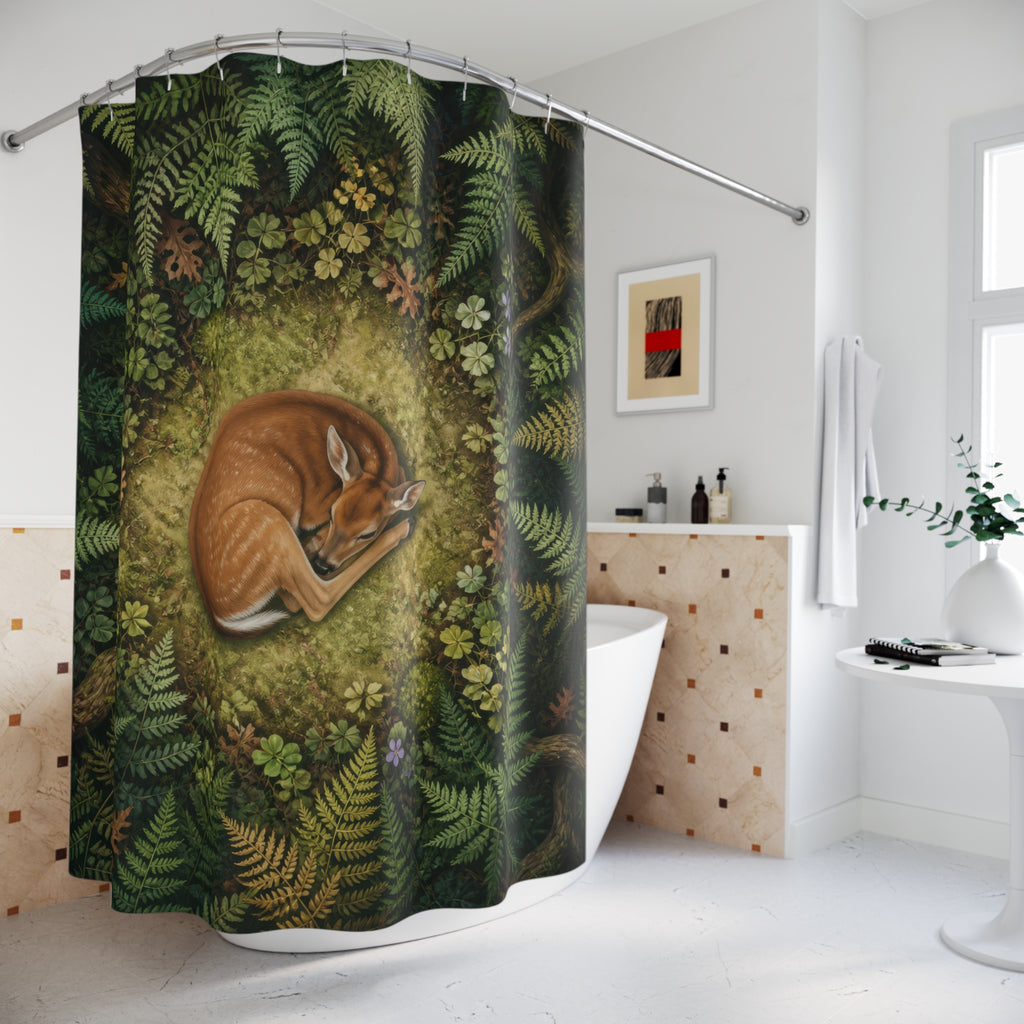 Resting fawn in a circular woodland fern clearing shower curtain beside a freestanding tub