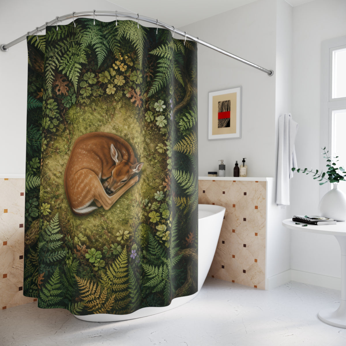 Resting fawn in a circular woodland fern clearing shower curtain beside a freestanding tub
