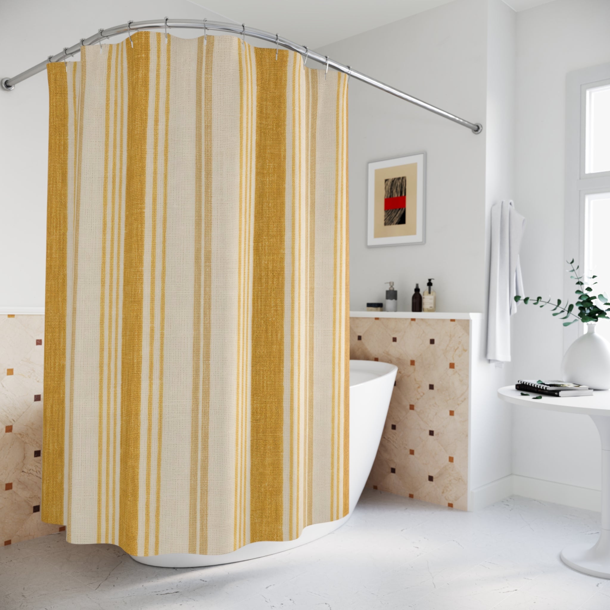 Yellow Striped Shower Curtain, French Country Bath Decor, Cream Mustard Vertical Stripe Pattern, Warm Guest Bathroom Decor, Classic Style