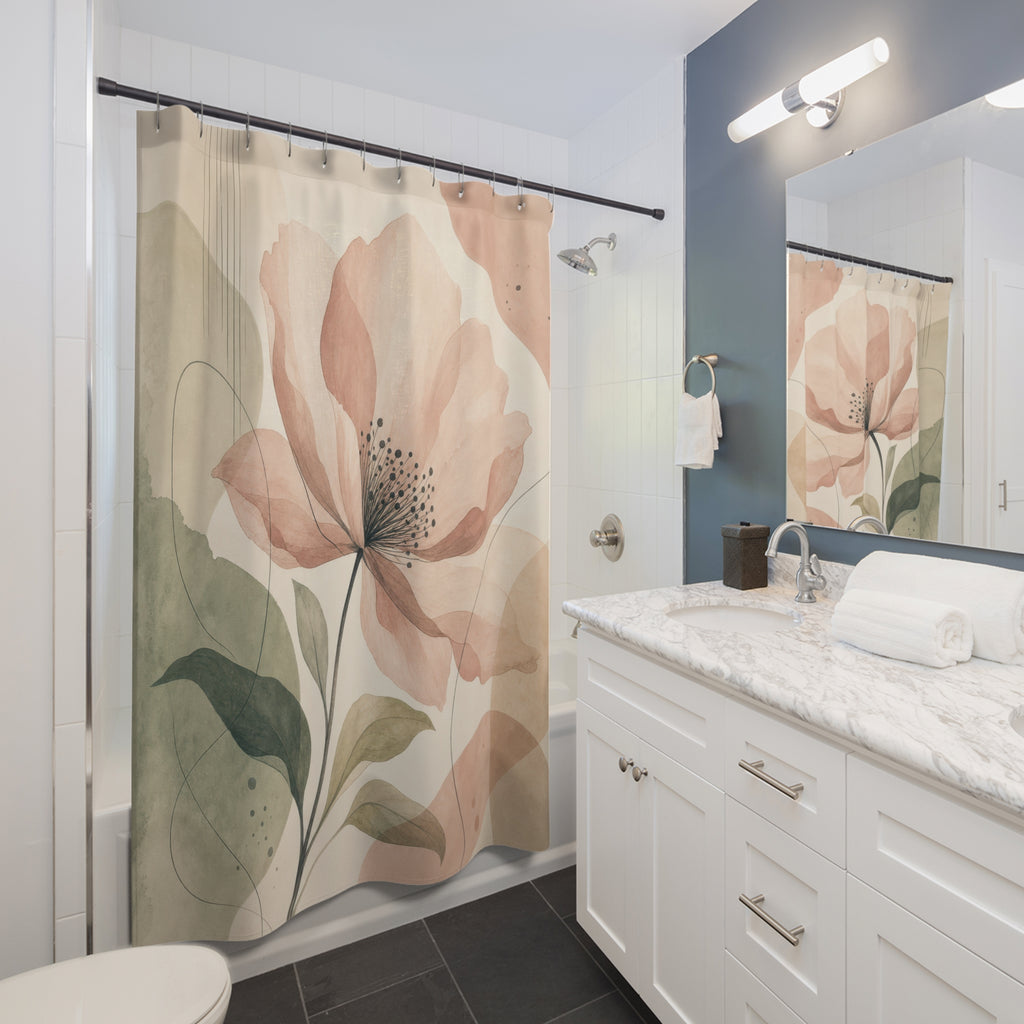 Peach Watercolor Floral Aesthetic Shower Curtain