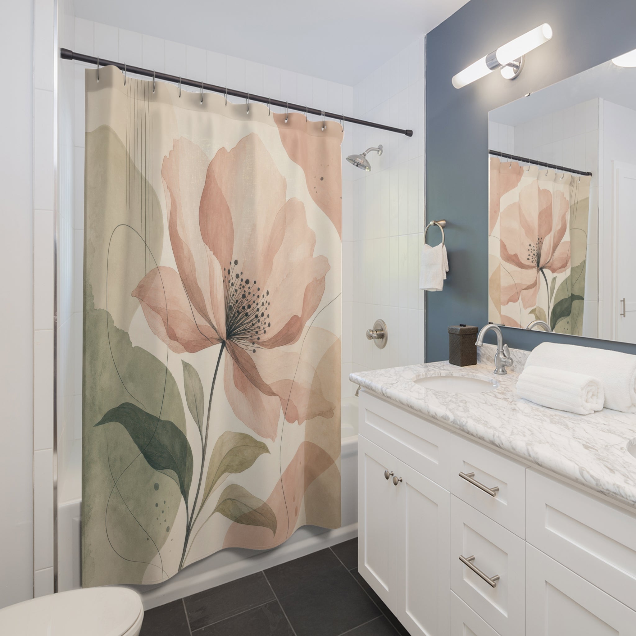 Peach Watercolor Floral Aesthetic Shower Curtain