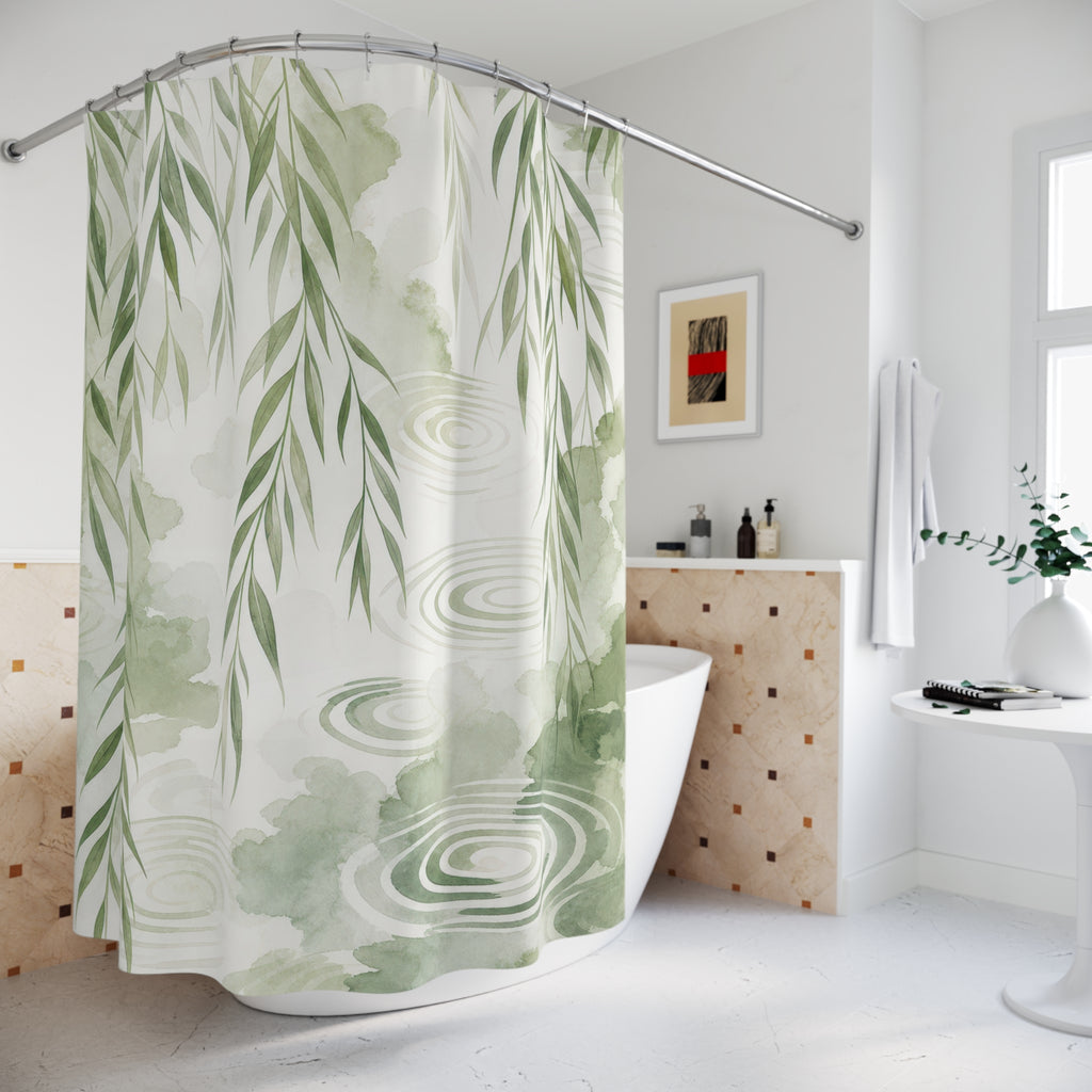 Green White Willow Branch botanical shower curtain beside a freestanding tub