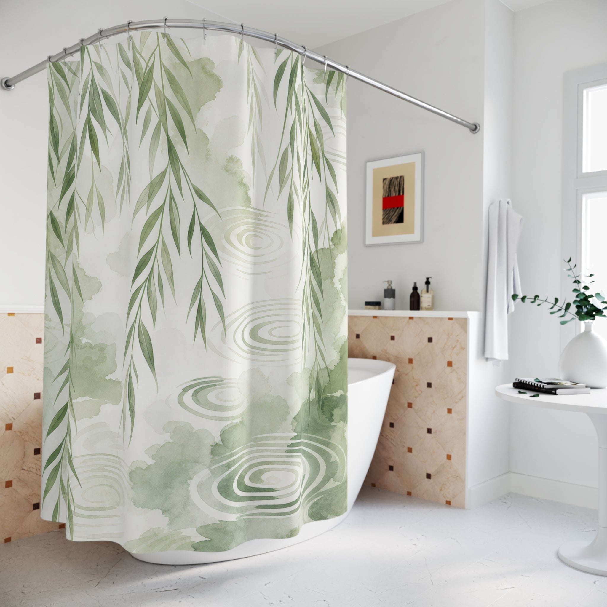 Green White Willow Branch Shower Curtain
