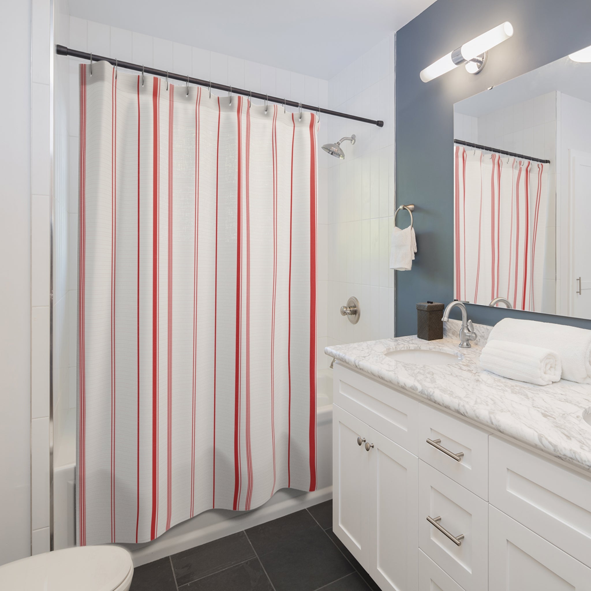 Red White Fine Ticking Stripe Shower Curtain