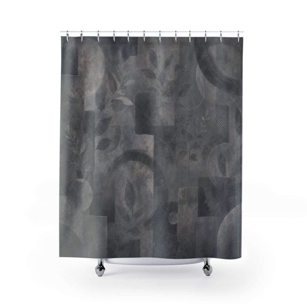 Abstract Shower Curtain, Gray Geometric Bath Decor, Botanical Collage Pattern, Modern Guest Bathroom Decor, Dark Neutral Collage Style