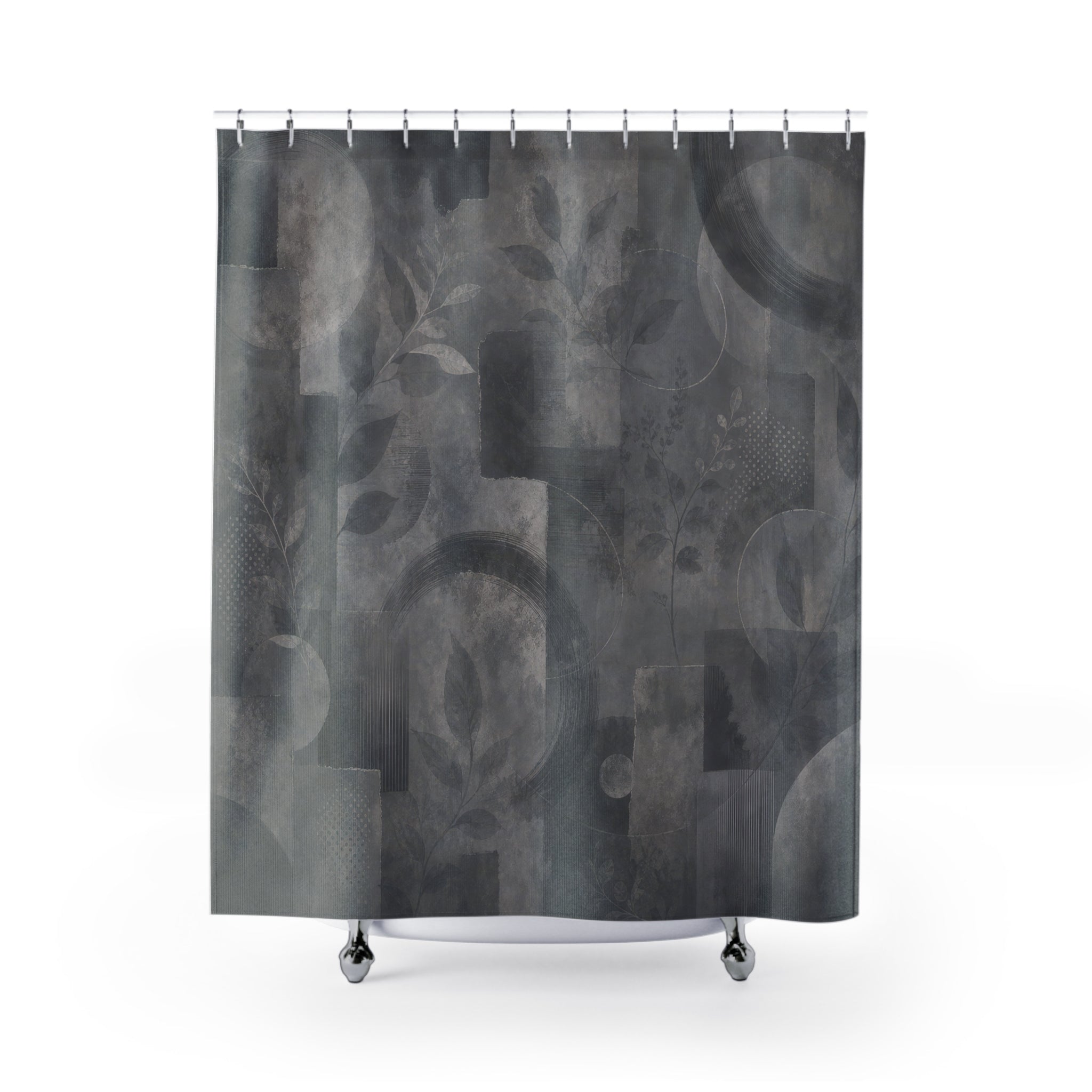 Abstract Shower Curtain, Gray Geometric Bath Decor, Botanical Collage Pattern, Modern Guest Bathroom Decor, Dark Neutral Collage Style