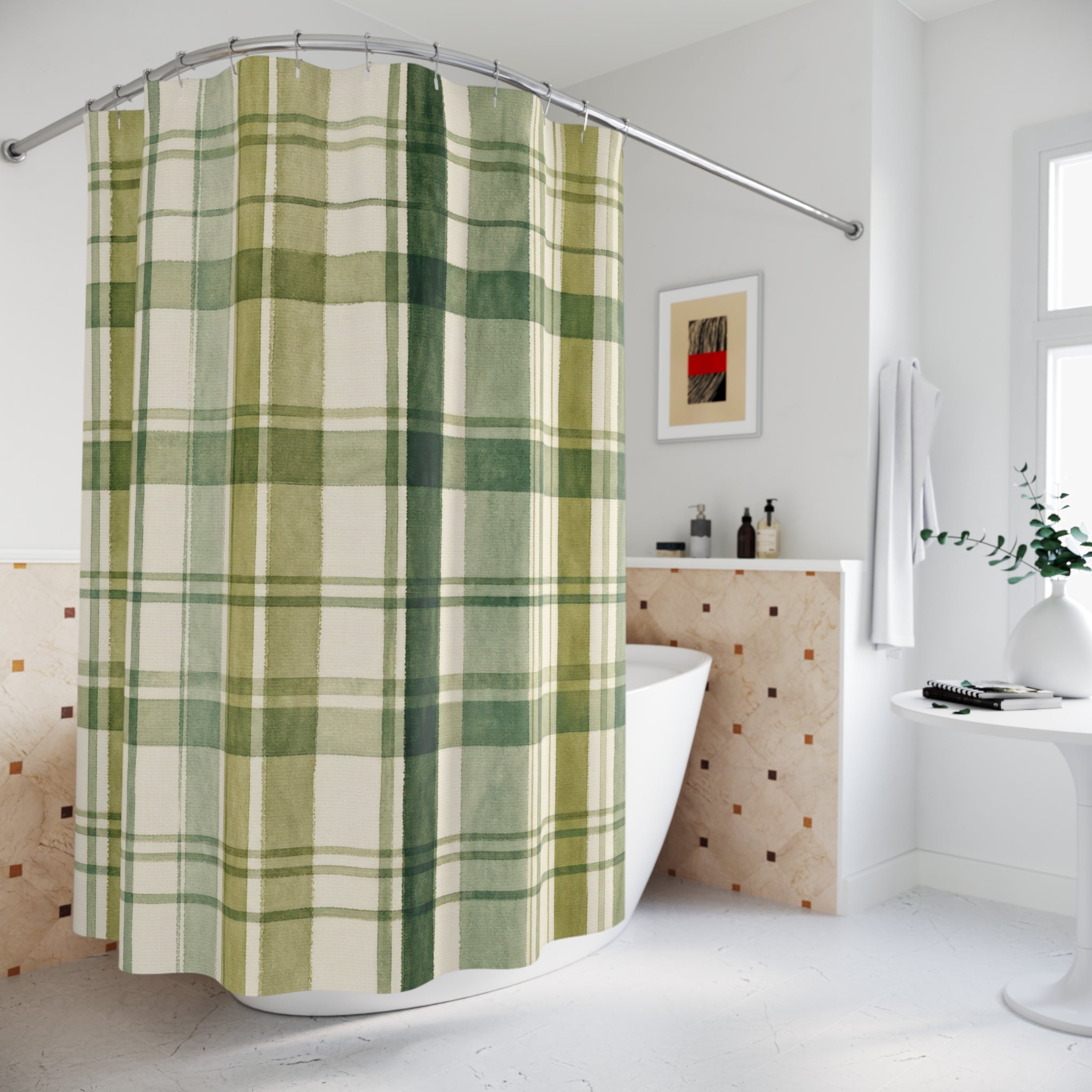 Olive Cream Farmhouse Check Shower Curtain