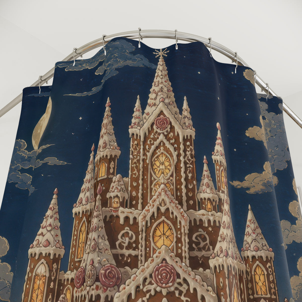 Moonlit gingerbread castle reflected in a cocoa lake shower curtain with close-up print, hooks, and folds