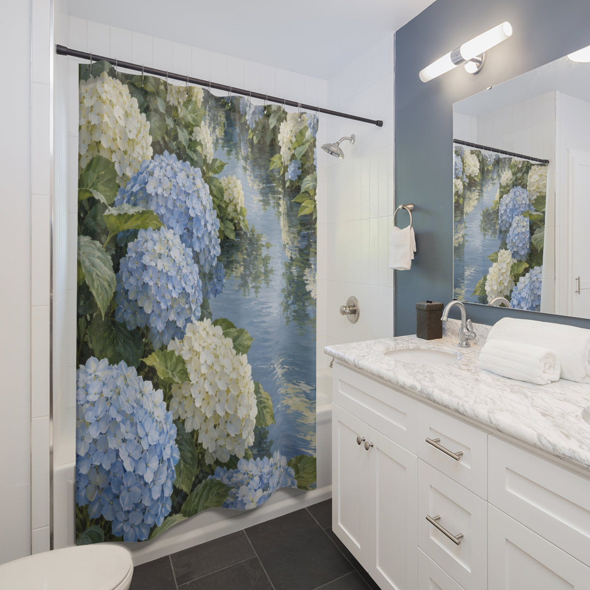Blue and ivory hydrangeas beside a reflective garden pool shower curtain beside a white vanity