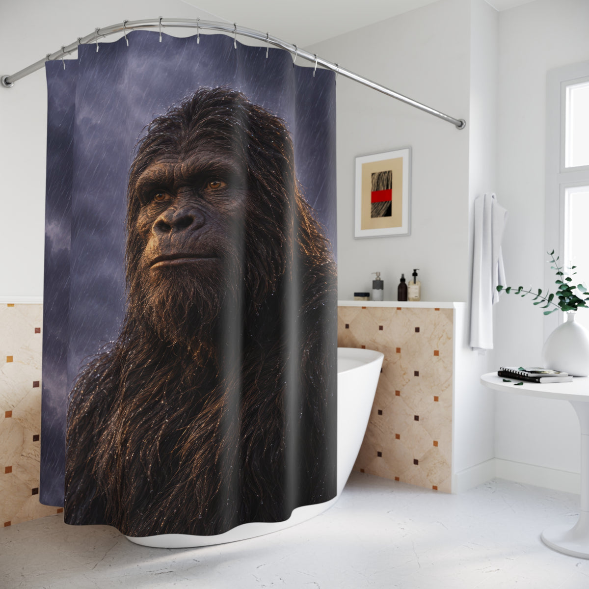 Dark brown Bigfoot portrait against slate-violet rain shower curtain beside a freestanding tub
