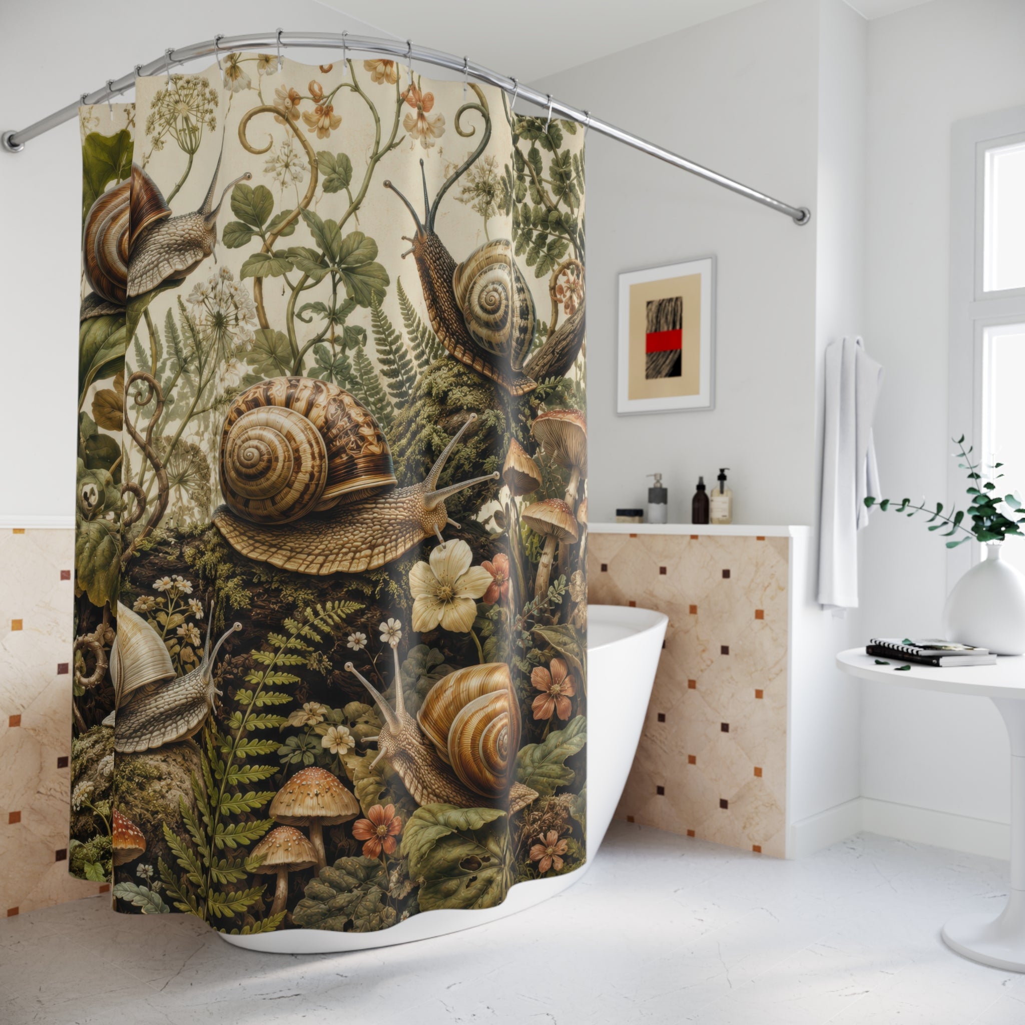 Green Nature Shower Curtain: Woodland Snail Botanical
