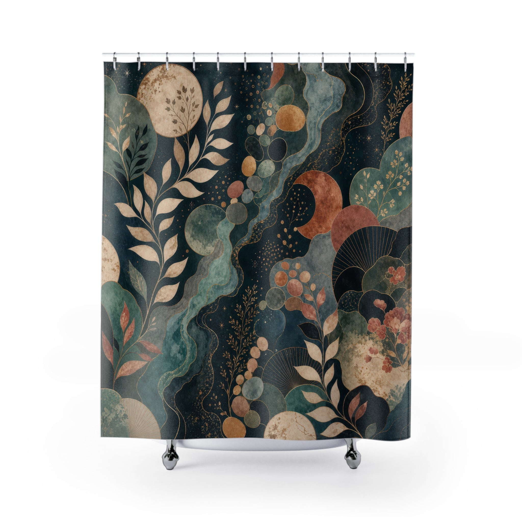 Cosmic Botanical Shower Curtain, Teal Navy Boho Bathroom Decor, Moon Garden Bath Curtain, Moody Guest Bathroom Decor, Navy Bath Decor