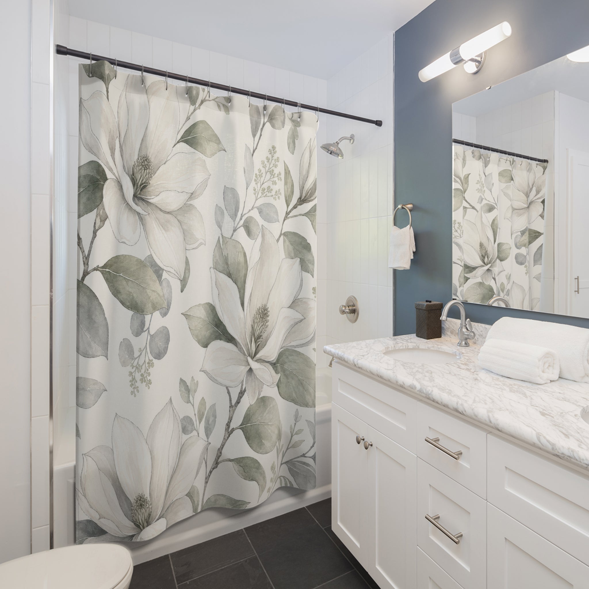 White Magnolia Shower Curtain, White Sage Botanical Bathroom Decor, Magnolia Floral Bath Curtain, Guest Bath Decor, Small Bathroom Decor