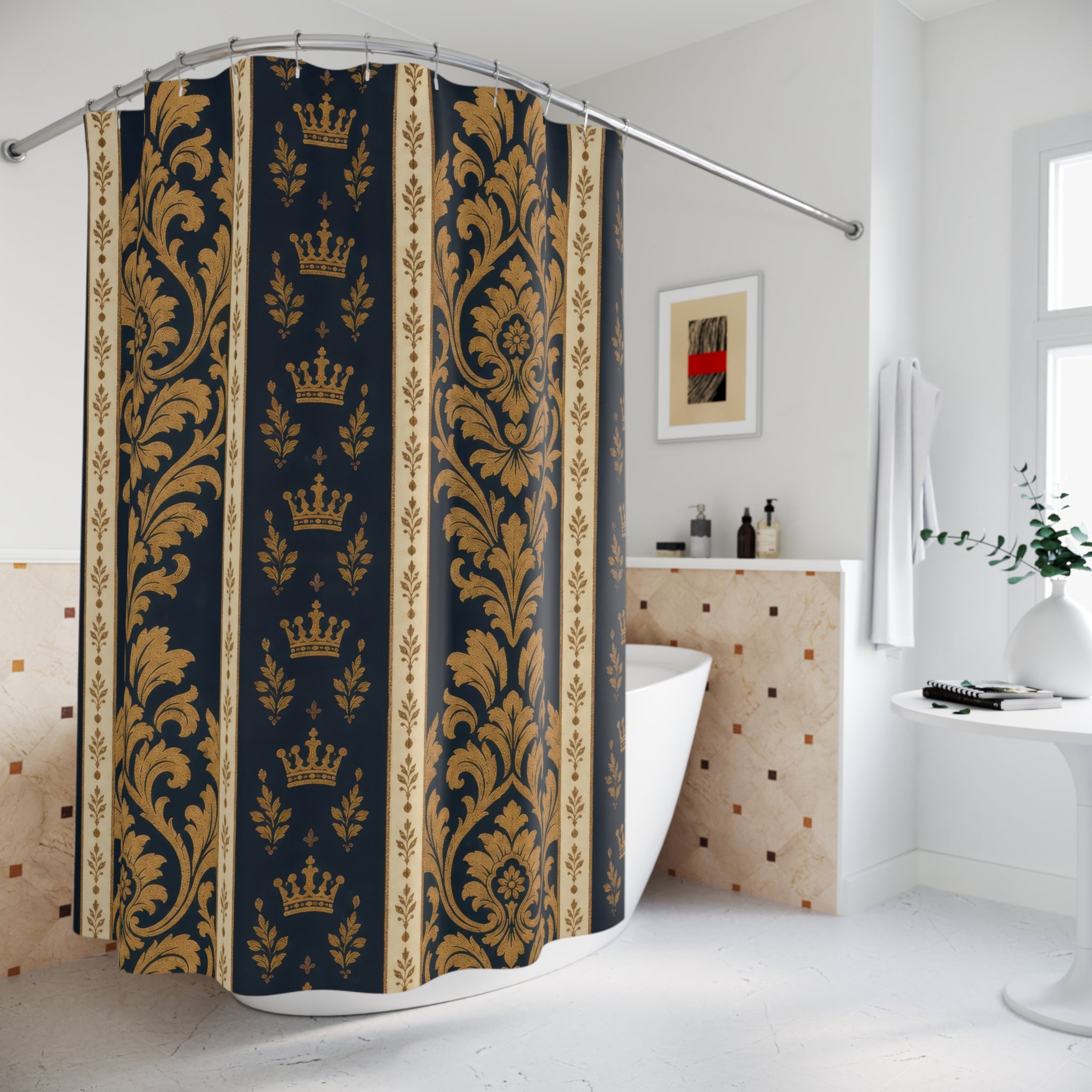 Navy Ochre Ceremonial Damask Shower Curtain