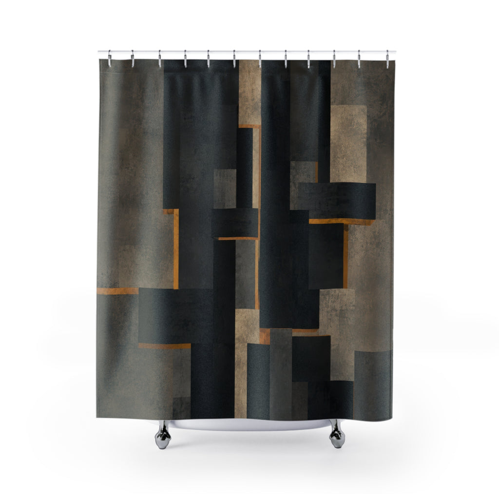 Charcoal brutalist blocks with narrow brass lines shower curtain with full front view