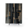 Charcoal brutalist blocks with narrow brass lines shower curtain with full front view