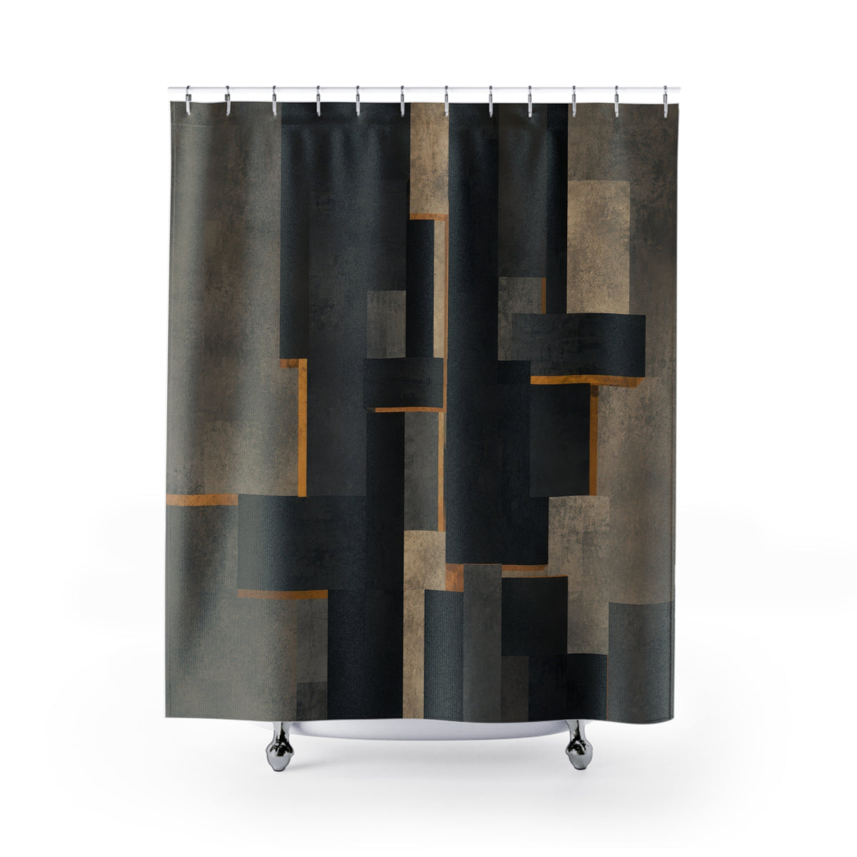 Charcoal brutalist blocks with narrow brass lines shower curtain with full front view