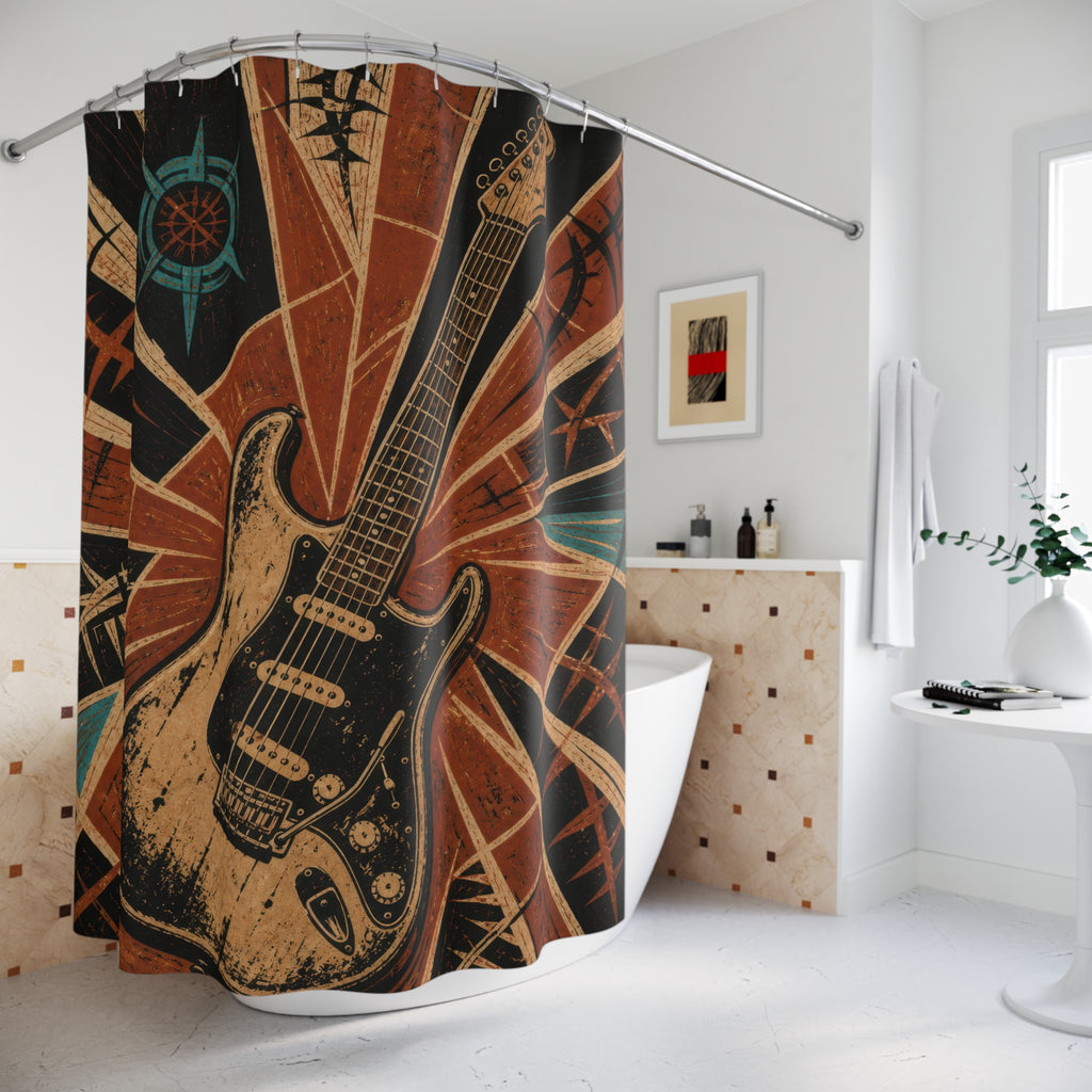 Weathered electric guitar in a terracotta block print burst shower curtain beside a freestanding tub